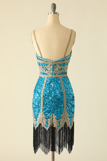 Azul Lentejuelas Vestido corto de cóctel con flecos